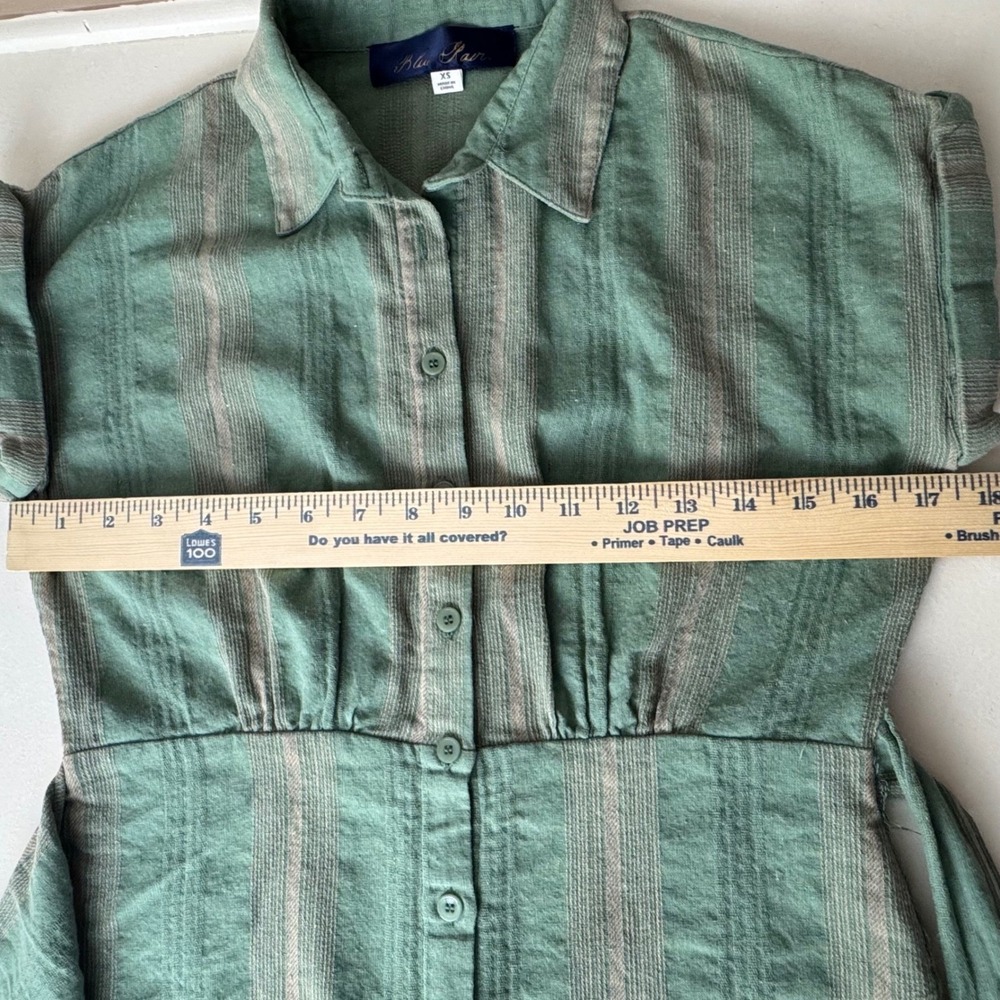Sage Green Striped Wrap Tie Waist Button Front Dress XS Cottagecore Travel Linen - Picture 7 of 10